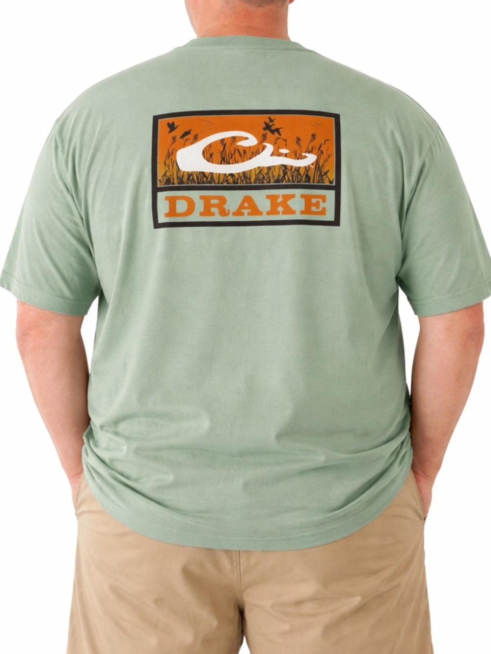 Drake Sage Green Short-Sleeve Shirt with Orange Waterfowl Logo Back